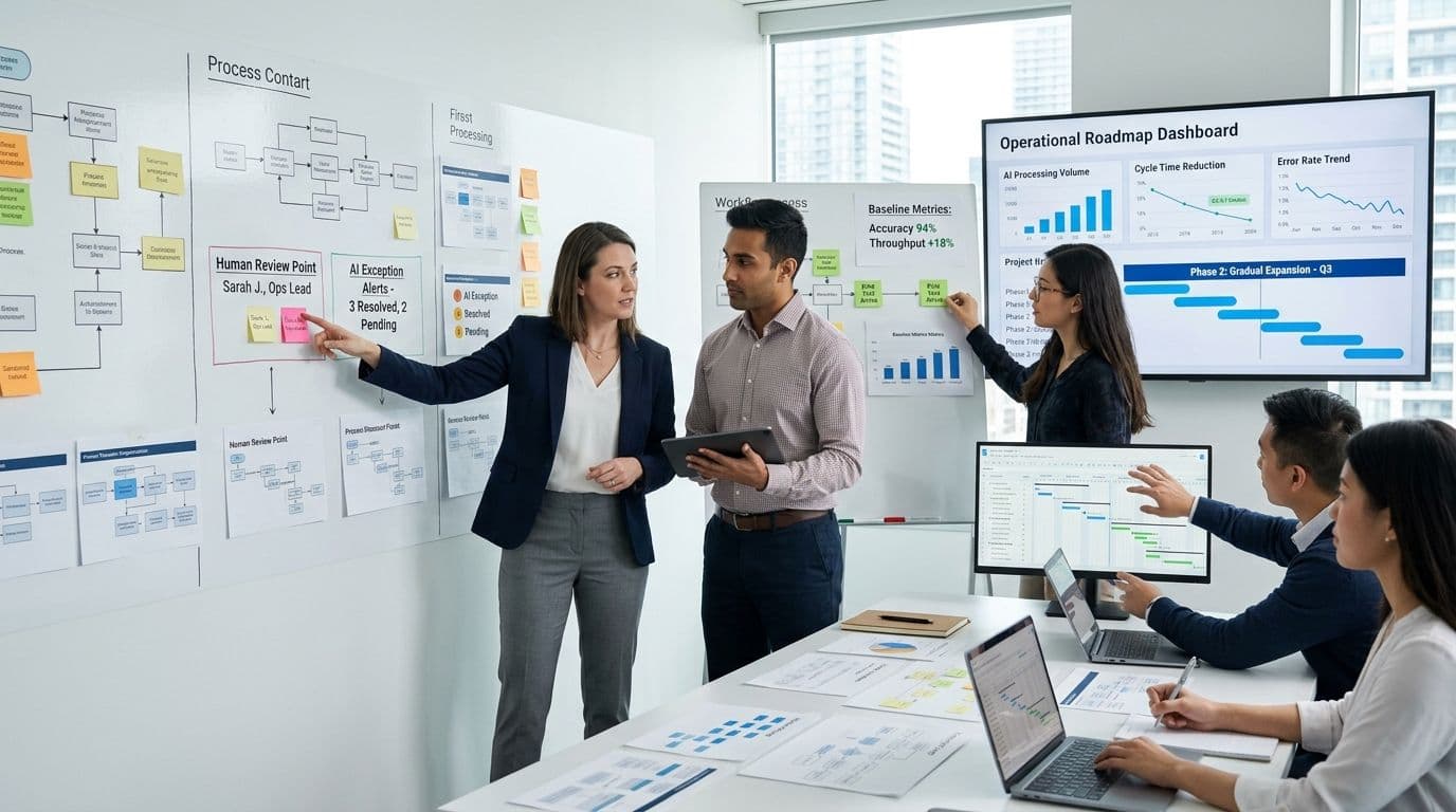 AI automation implementation roadmap with workflow discovery, pilot testing, human approval, metrics, and controlled scaling