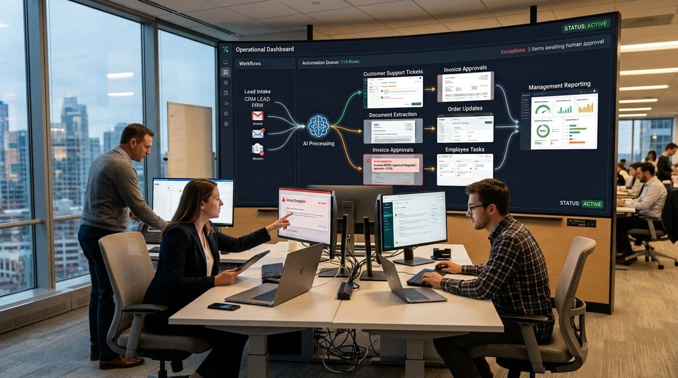 AI automation operating hub connecting lead intake, customer support, documents, finance, operations, and management reporting