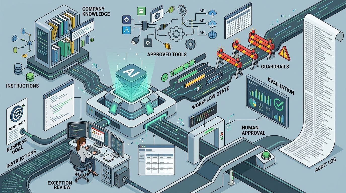 Business AI agent architecture showing goals, instructions, approved tools, company data, guardrails, evaluation, and human review
