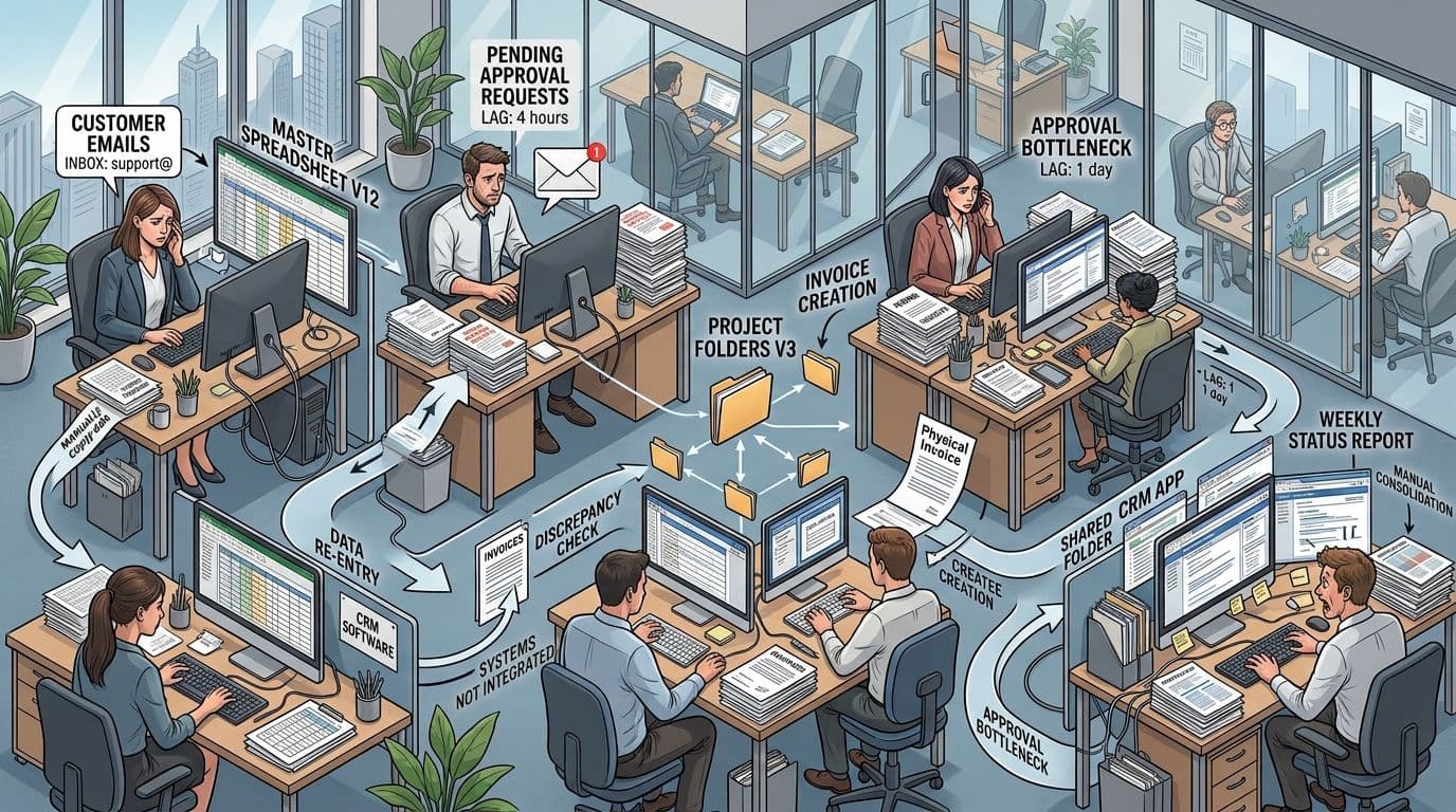 Growing company manual-work map showing emails, spreadsheets, documents, approvals, and disconnected business systems