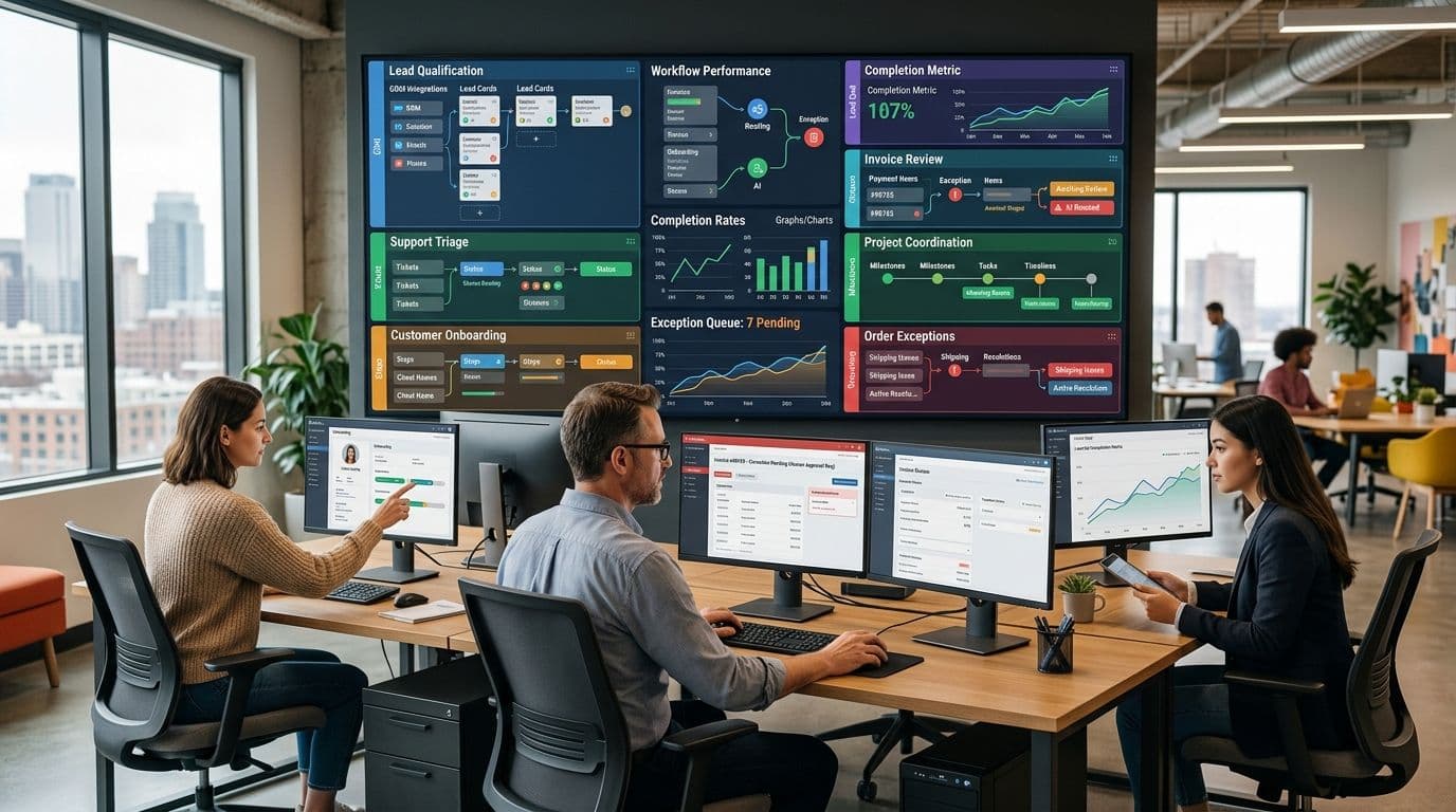 Startup AI agent control center managing lead qualification, customer support, onboarding, finance, projects, and order exceptions