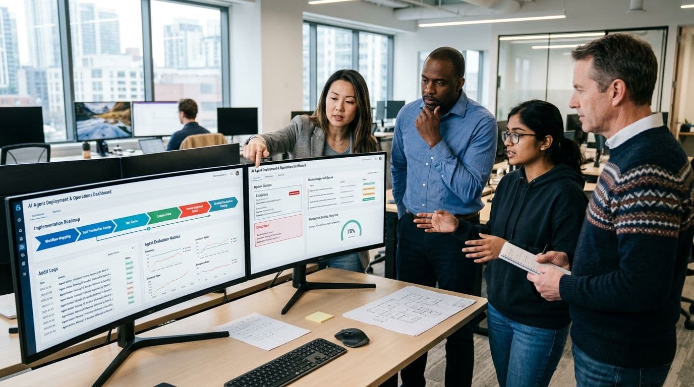 Startup AI agent implementation roadmap from workflow mapping and testing to human approval, monitoring, and controlled expansion