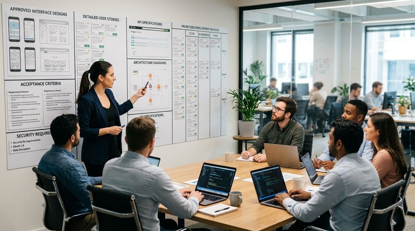 Startup development readiness board containing approved software requirements, UX designs, architecture, and implementation tasks.jpeg