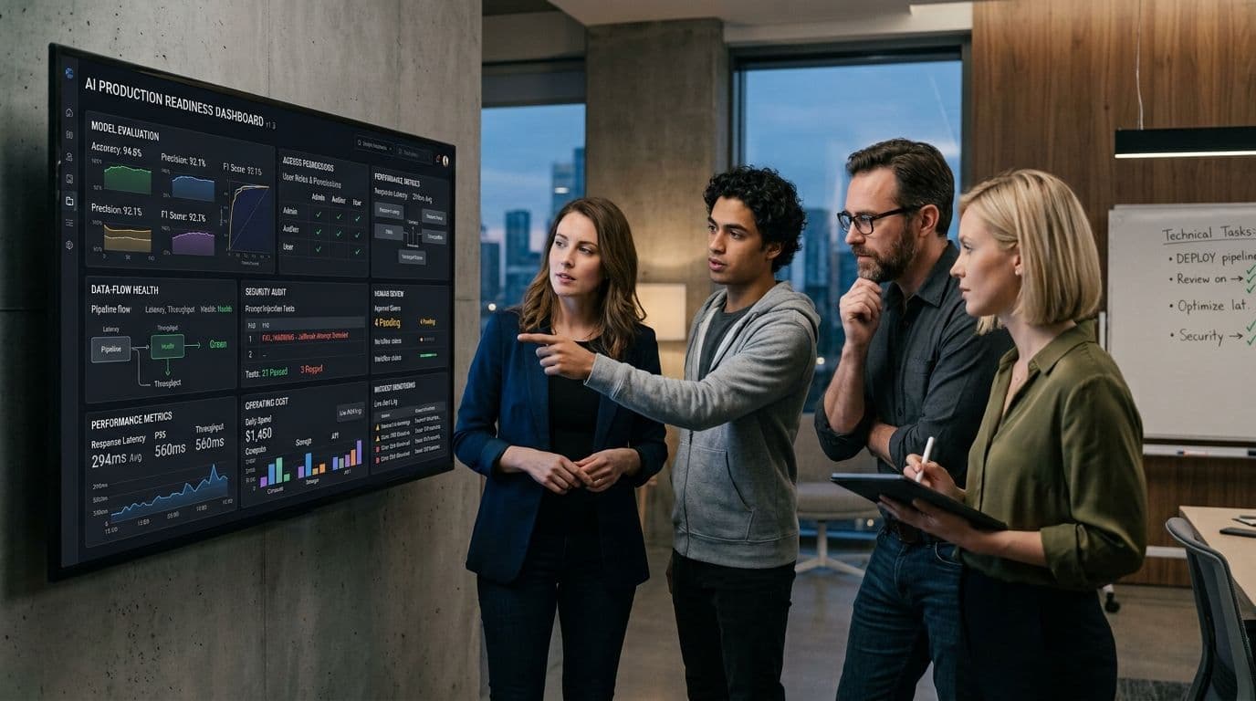 Startup team reviewing AI product security, output evaluation, human approval controls, and monitoring before launch.jpeg